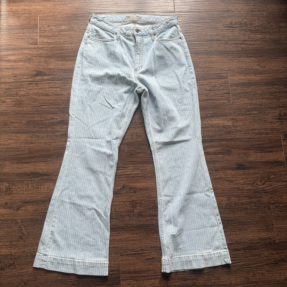Kimes Ranch Light Blue Pinstripe High-Rise Flare Jeans